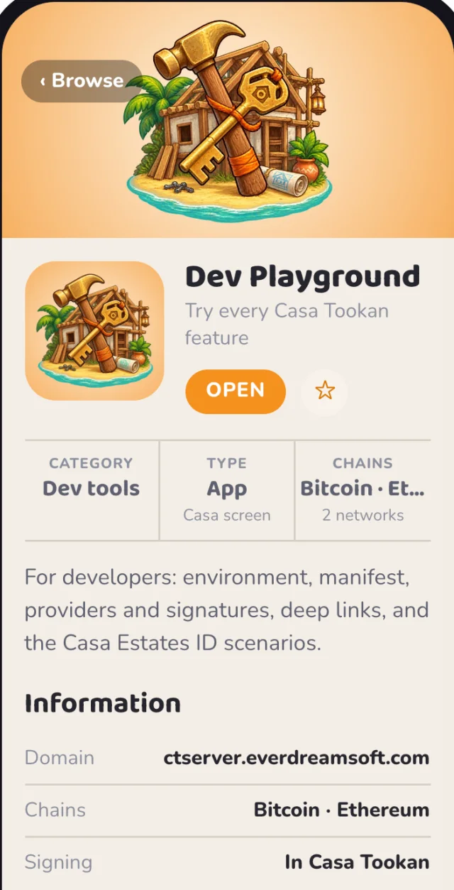 The Dev Playground's page in Casa Tookan: banner, icon, name, subtitle, category, chains and description