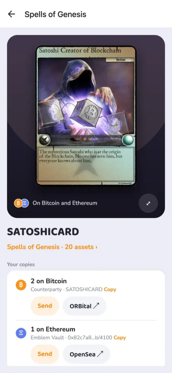 The Satoshi card: 2 copies on Bitcoin via Counterparty and 1 on Ethereum via Emblem Vault.
