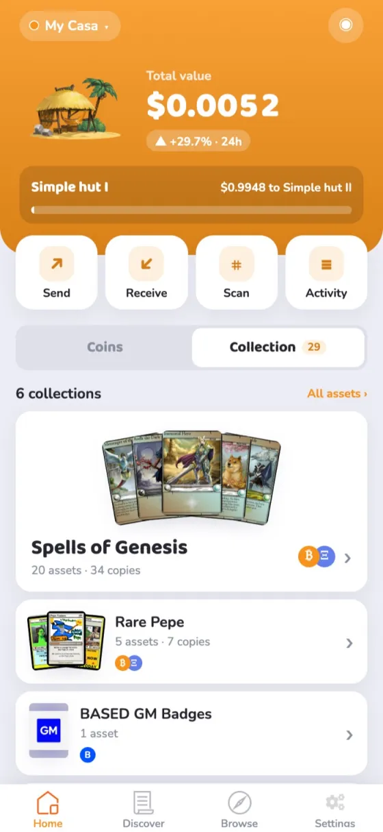 A casa's collections in Casa Tookan: Spells of Genesis, Rare Pepe, BASED GM Badges.