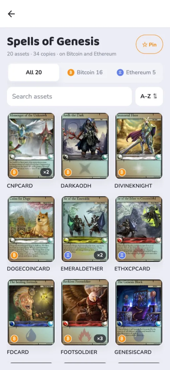 The Spells of Genesis collection: 20 assets shown as cards, filtered by Bitcoin or Ethereum.