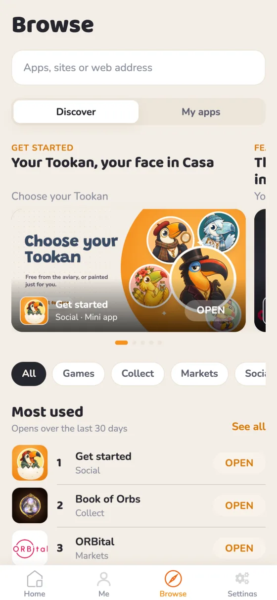 The Browse tab in Casa Tookan: a featured mini app, categories, and the most used apps, Get started, Book of Orbs and ORBital.